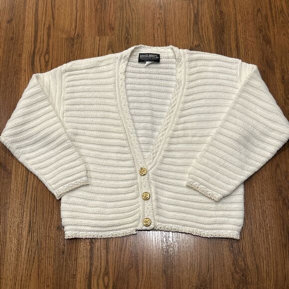 David Brett Cardigan Sweater Womens Large White Textured Gold Buttons USA Vtg - Picture 1 of 7